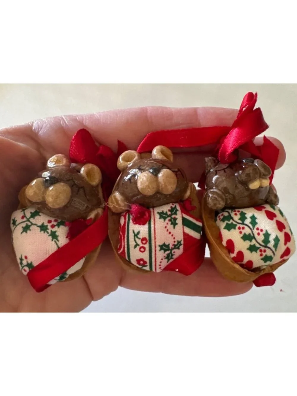 Handmade Christmas Bear Ornaments In Walnut Shells With Red Ribbons -‎ Set Of 8